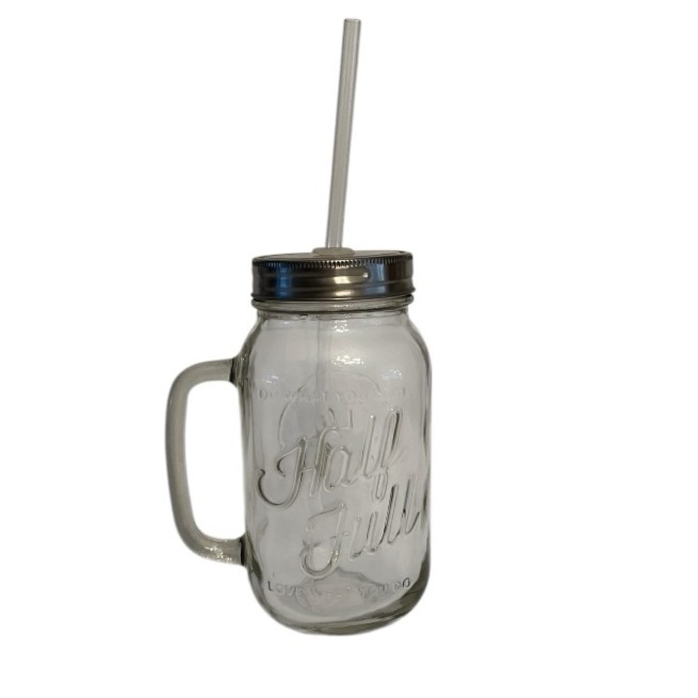 Life is Good “Half Full” Clear Glass Mason Jar Style Mug with Straw